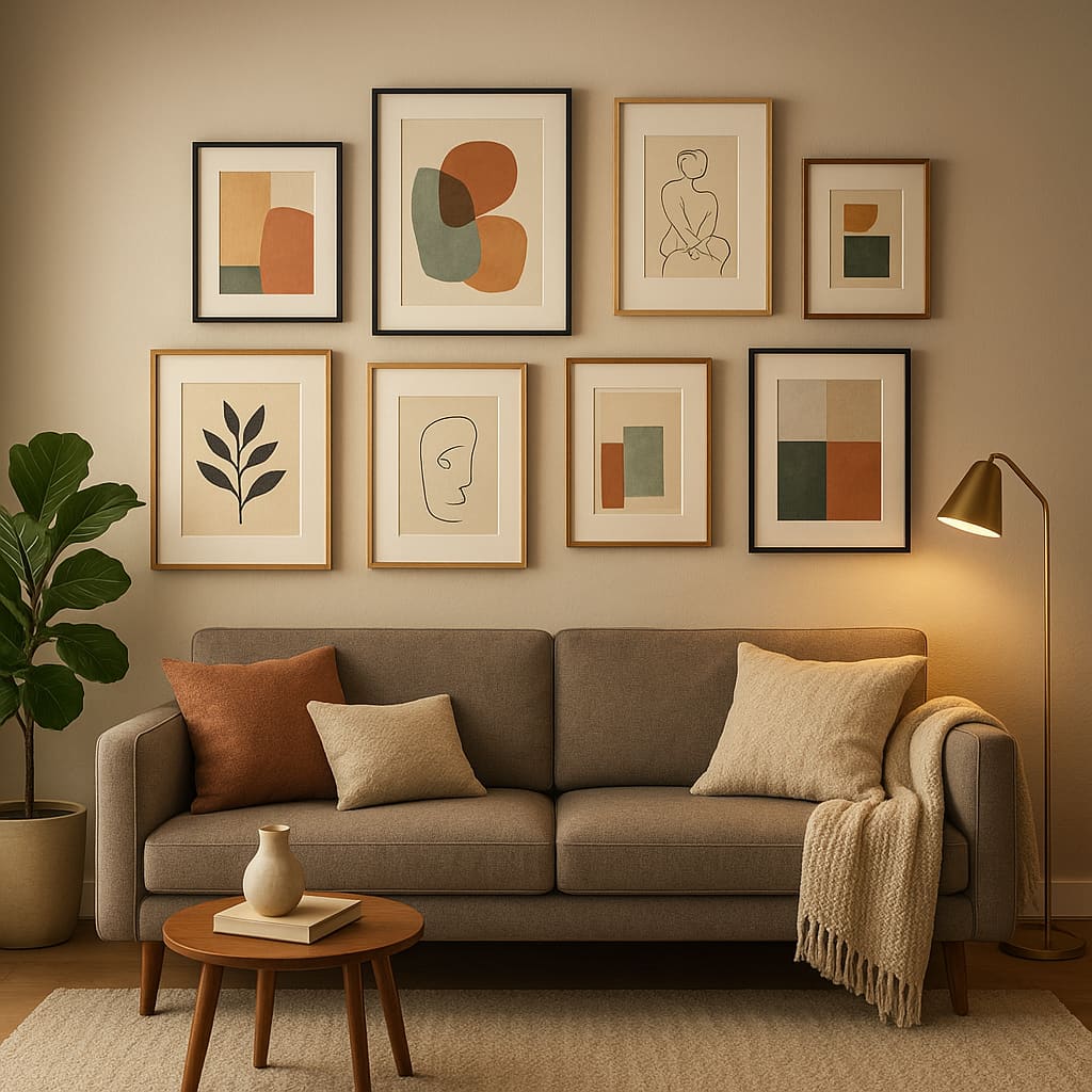 Galeriewand mit eingerahmten Kunstwerken